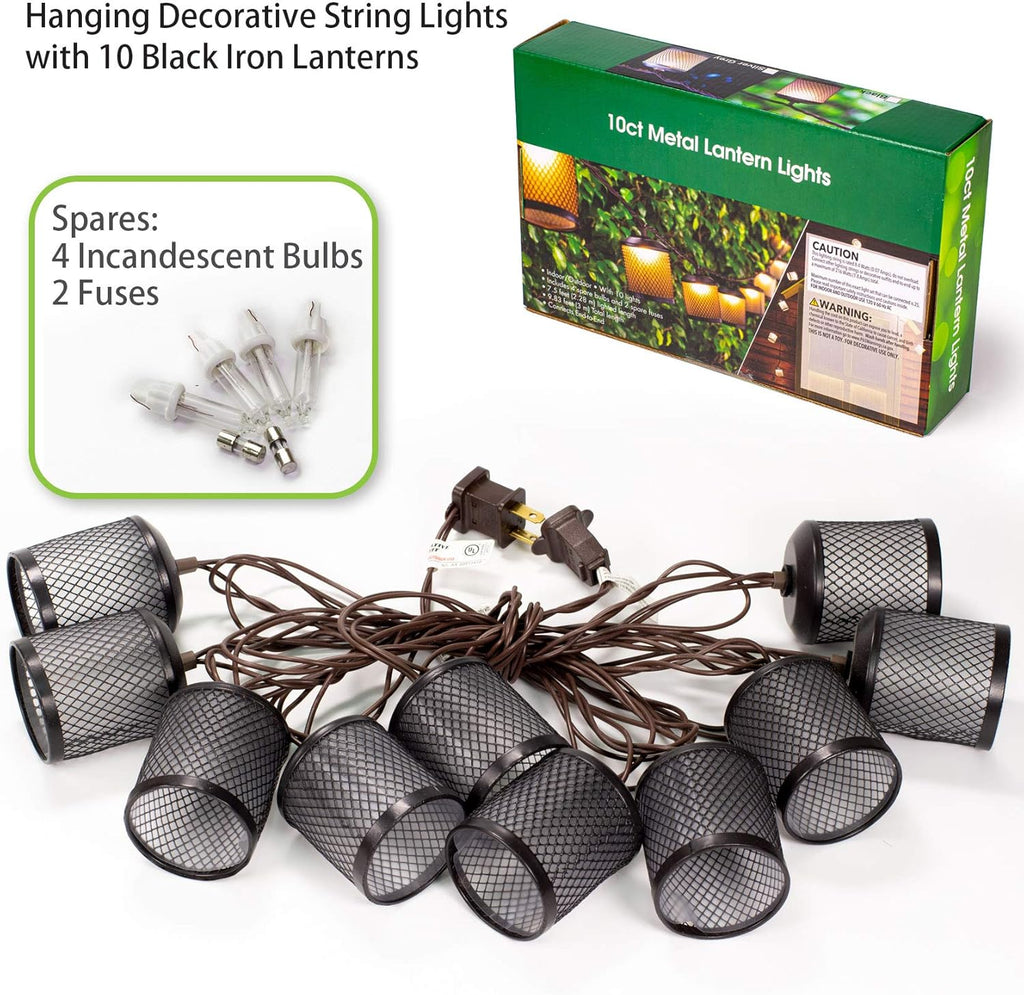 Metal Lantern Lights String，9.83Ft Decorative String Lights for Room Decor,  Black Metal Hanging Lanterns Lights Outdoor Patio Decorations