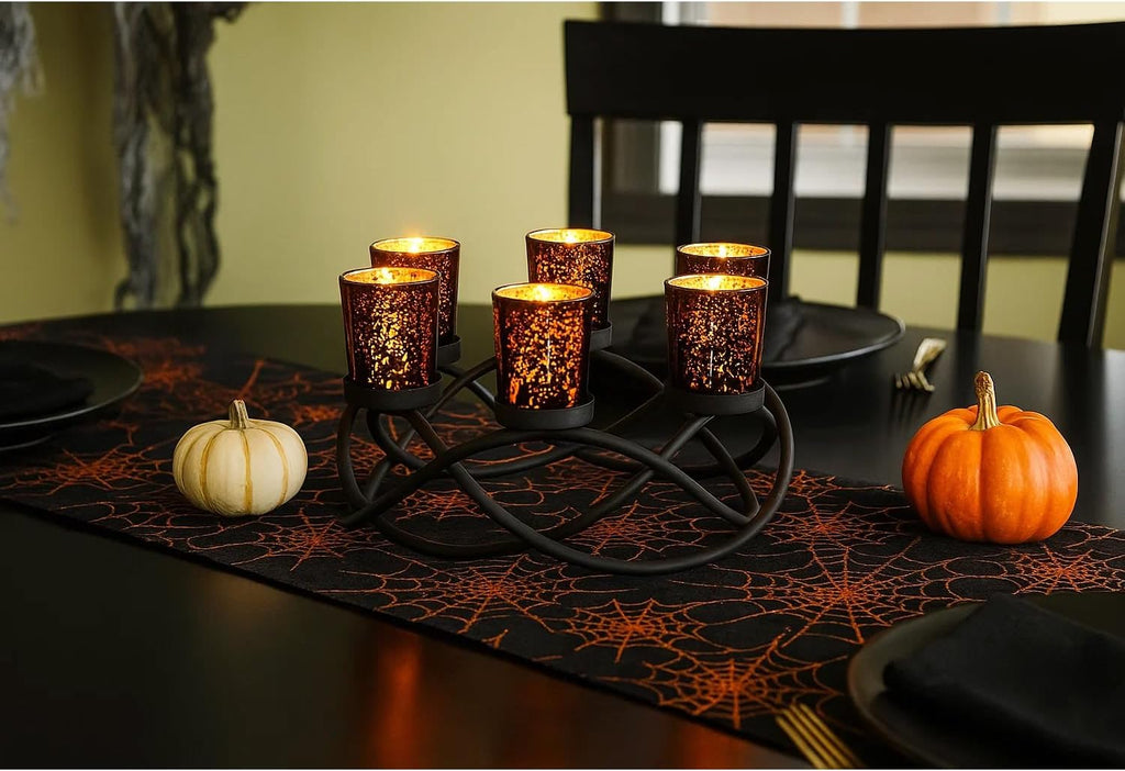 Centerpieces for Halloween Table Decorations - round Candle Holders for Outdoor Patio, Dining, Kitchen, Coffee & Wedding Table Decor, Black Iron Candelabra, 6 Black Glass Votive Tealight Cups