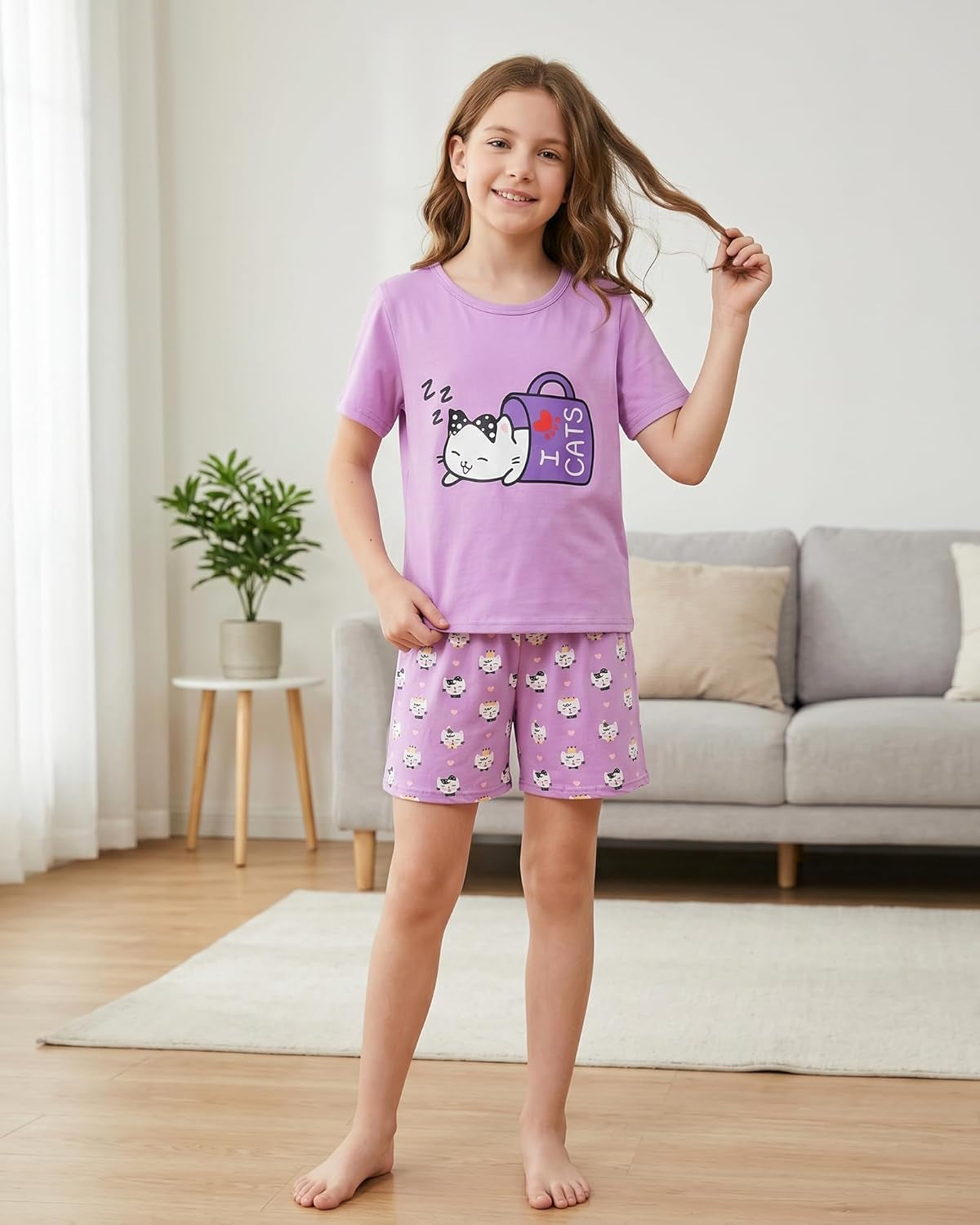 Young Girls Pajama Cute Cat Pattern Nighty Comfy Shorts Cotton Sleepwear