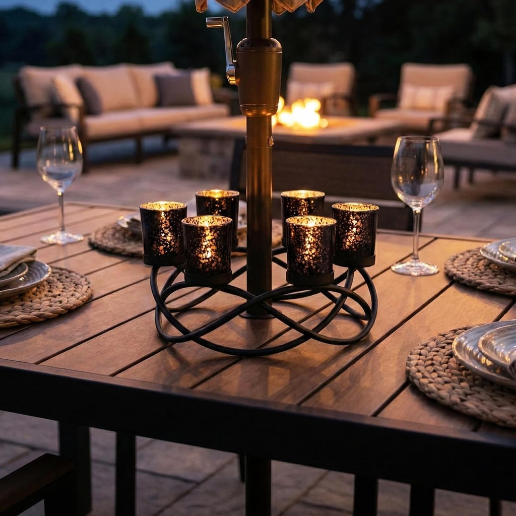 Centerpieces for Halloween Table Decorations - round Candle Holders for Outdoor Patio, Dining, Kitchen, Coffee & Wedding Table Decor, Black Iron Candelabra, 6 Black Glass Votive Tealight Cups