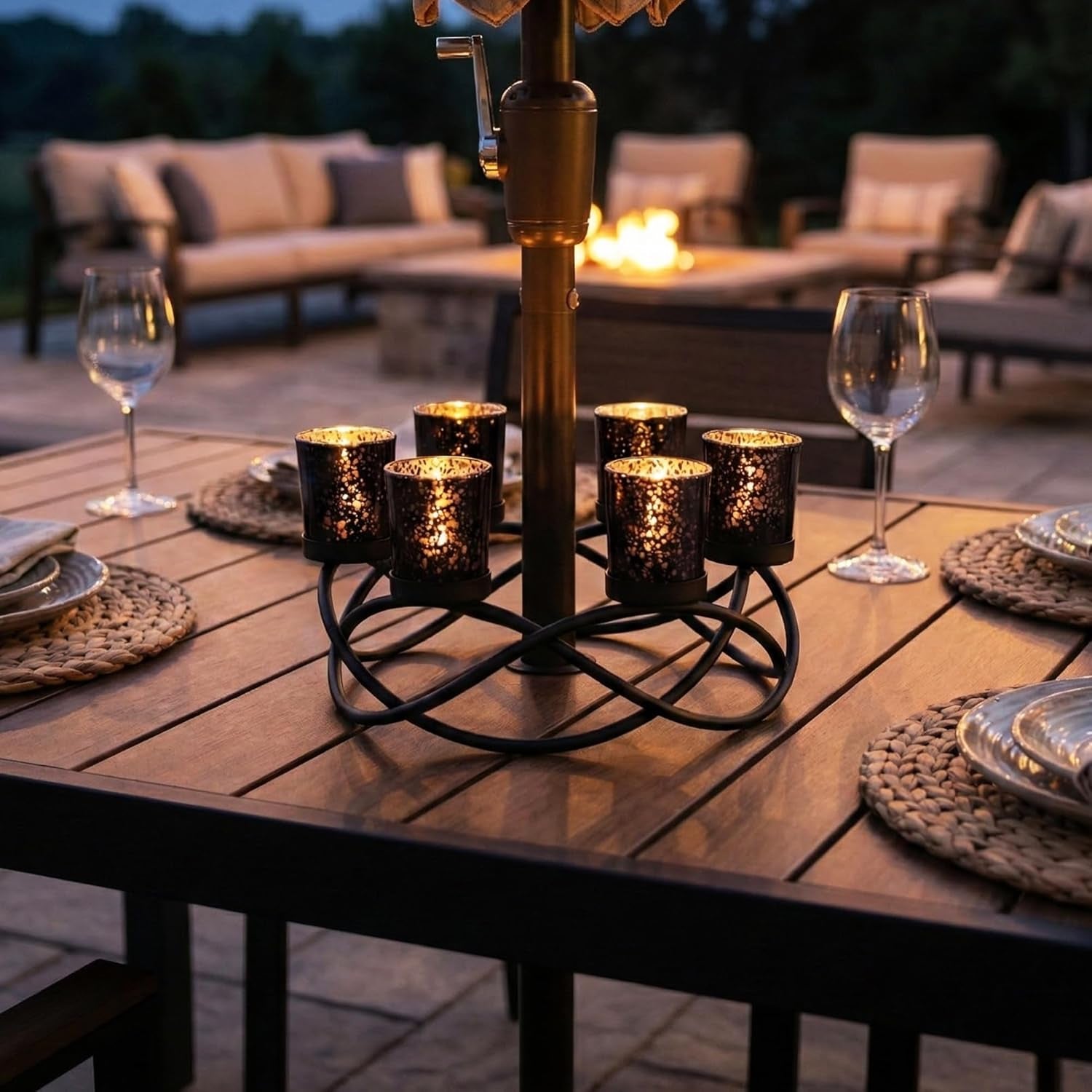 Centerpieces for Halloween Table Decorations - round Candle Holders for Outdoor Patio, Dining, Kitchen, Coffee & Wedding Table Decor, Black Iron Candelabra, 6 Black Glass Votive Tealight Cups