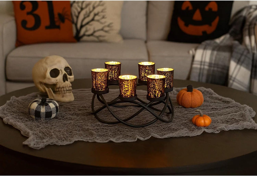 Centerpieces for Halloween Table Decorations - round Candle Holders for Outdoor Patio, Dining, Kitchen, Coffee & Wedding Table Decor, Black Iron Candelabra, 6 Black Glass Votive Tealight Cups