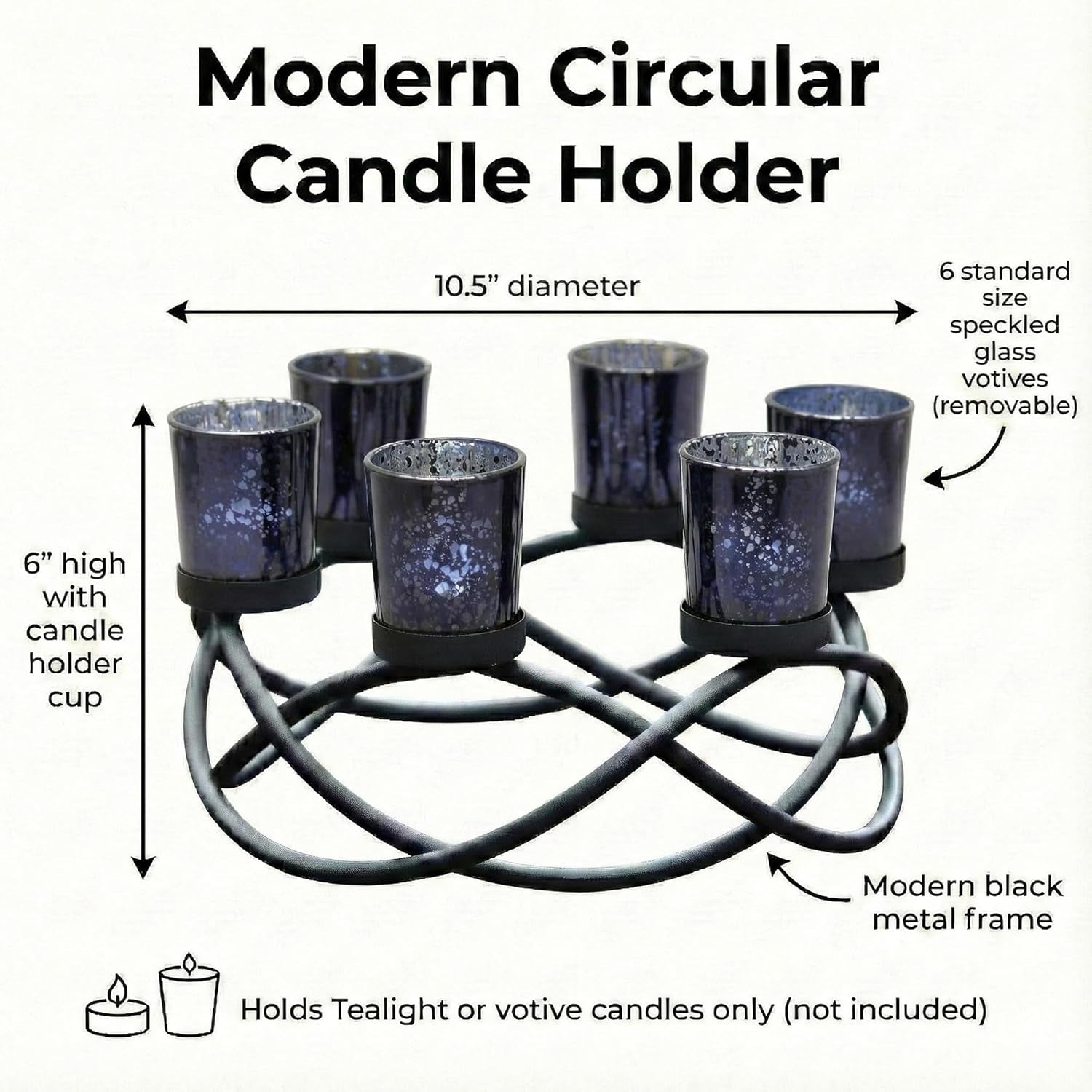 Centerpieces for Halloween Table Decorations - round Candle Holders for Outdoor Patio, Dining, Kitchen, Coffee & Wedding Table Decor, Black Iron Candelabra, 6 Black Glass Votive Tealight Cups