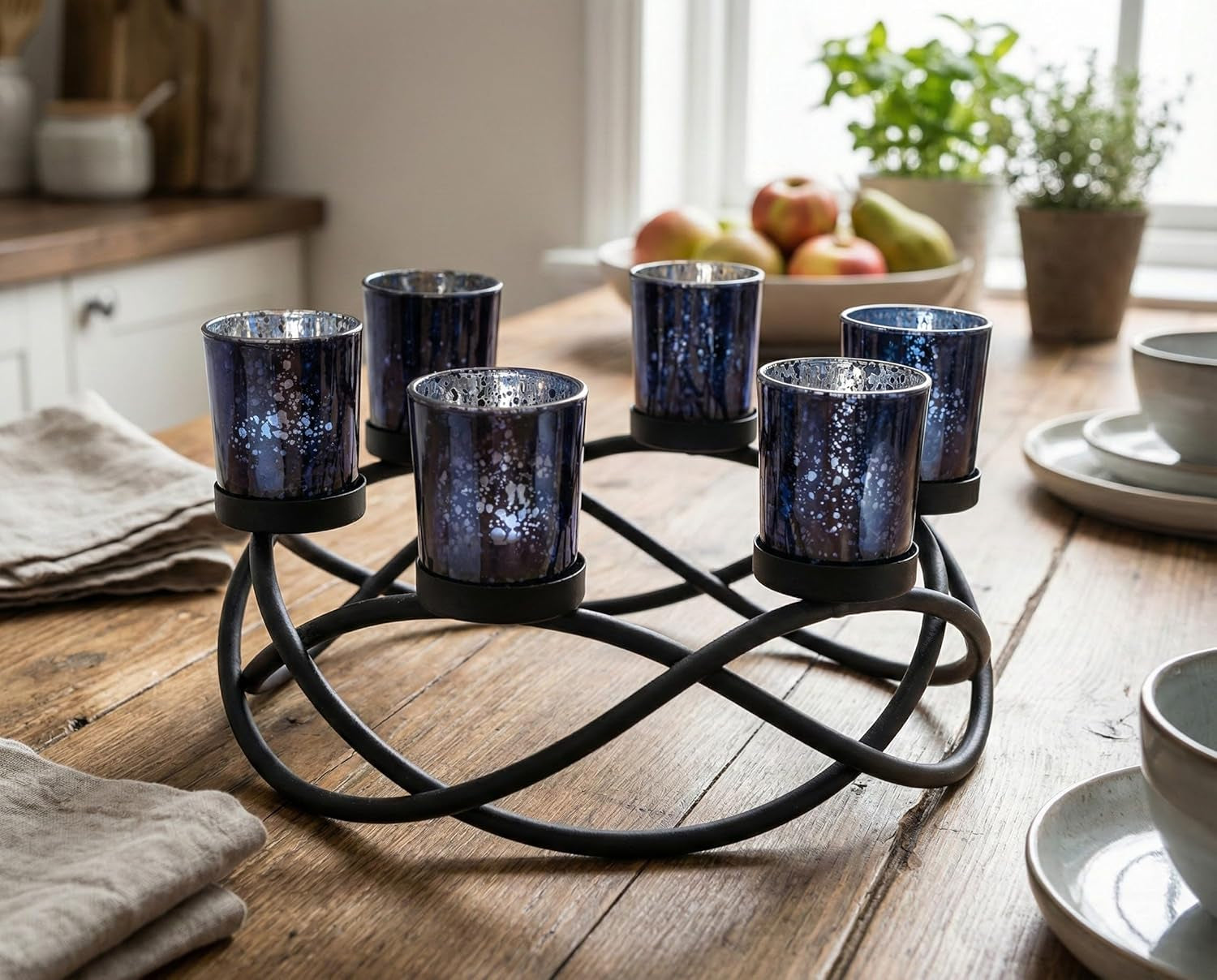 Centerpieces for Halloween Table Decorations - round Candle Holders for Outdoor Patio, Dining, Kitchen, Coffee & Wedding Table Decor, Black Iron Candelabra, 6 Black Glass Votive Tealight Cups