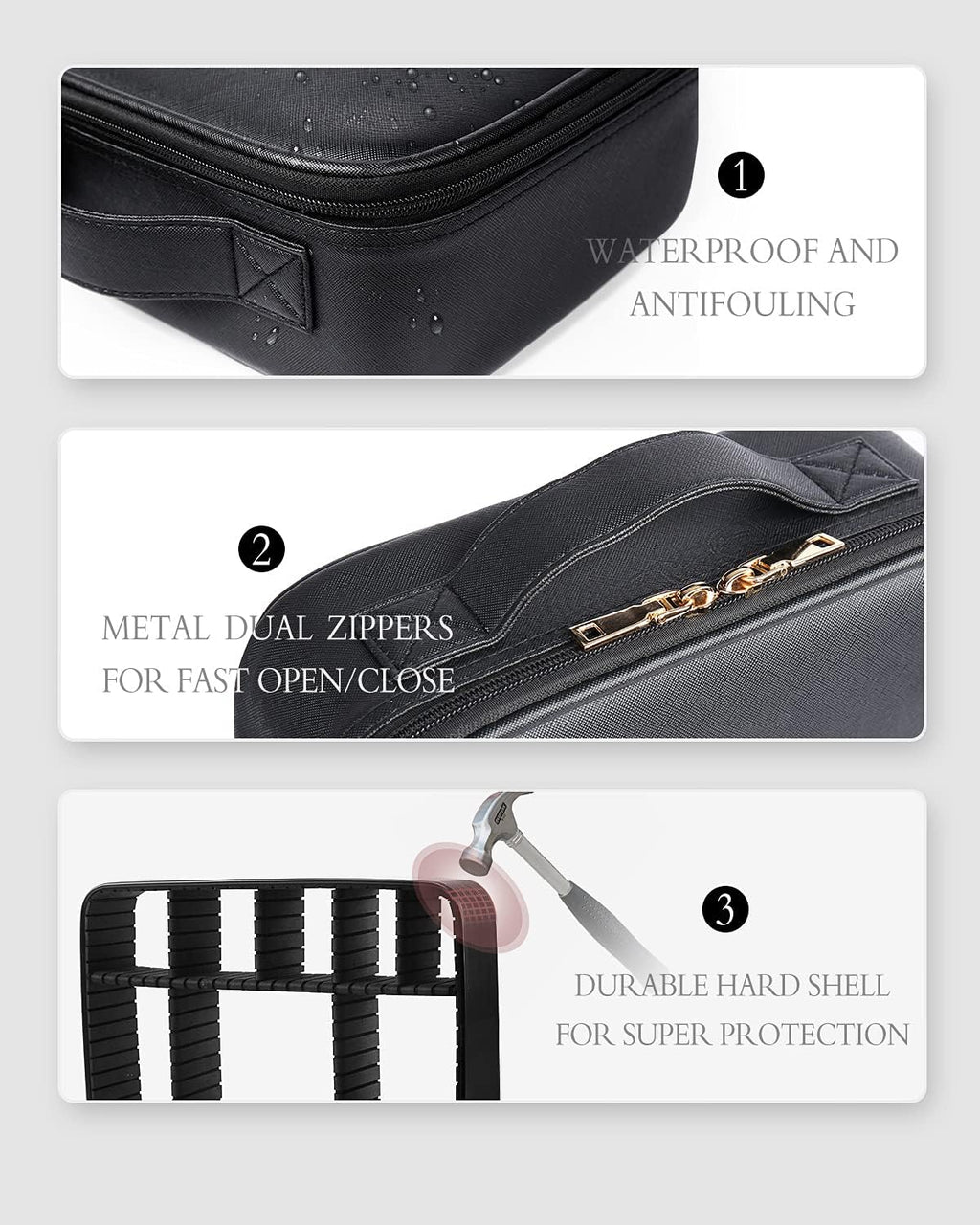 Leather Travel Makeup Train Case, Waterproof Makeup Bag Cosmetic Case Organizer, Large Cosmetic Makeup Case with Adjustable Dividers for Women Cosmetics Brushes Toiletry Jewelry Etc. (Black)