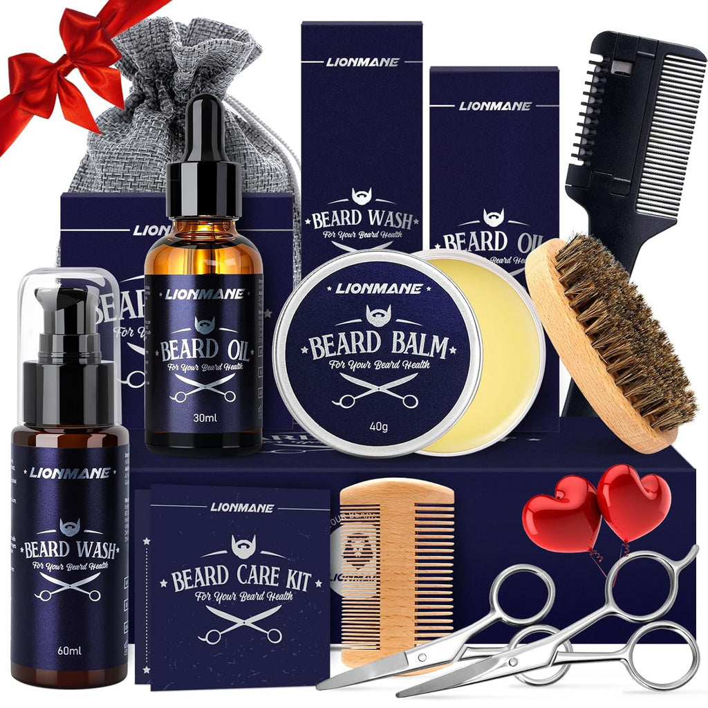 Beard Care Gifts Kit for Men, Father’S Day Gifts, Beard Mustache Grooming Kit - Beard Balm, Beard Wash, Beard Oil, Brush, Scissors, Birthday Anniversary Gifts for Husband/Boyfriend/Dad/Him
