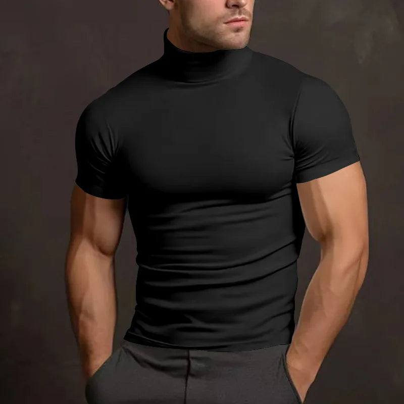 Elevate Your Style with the 2024 Summer Solid Color Short-Sleeved Turtleneck T-Shirt for Men