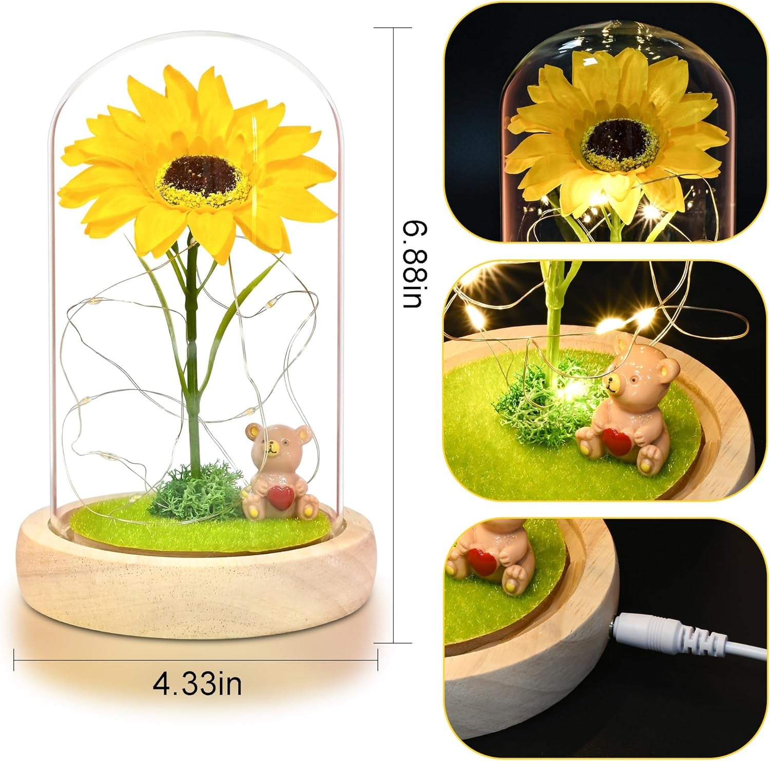 Sunflower Gifts for Women,Birthday Gifts for Her,Artificial Sunflower in Glass Dome with Led Light for Mother'S Day,Valentine'S Day,Anniversary,Christmas