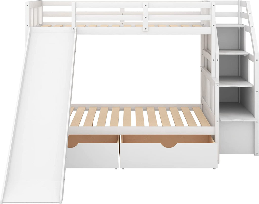 Full over Twin & Twin Bunk Bed with Drawer & Ladder, Triple Bunkbeds Wooden for Kids, Teens, Adults, Gray, White