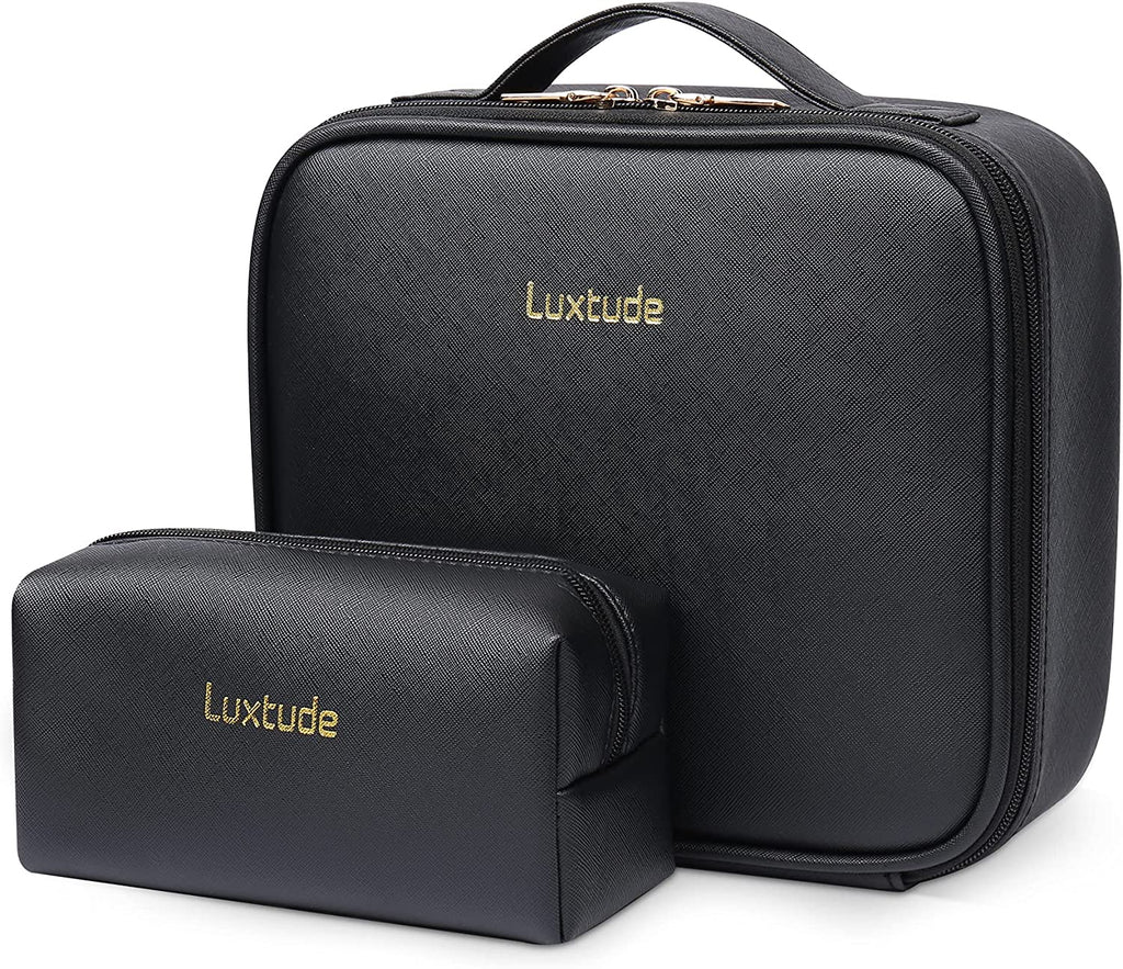 Leather Travel Makeup Train Case, Waterproof Makeup Bag Cosmetic Case Organizer, Large Cosmetic Makeup Case with Adjustable Dividers for Women Cosmetics Brushes Toiletry Jewelry Etc. (Black)
