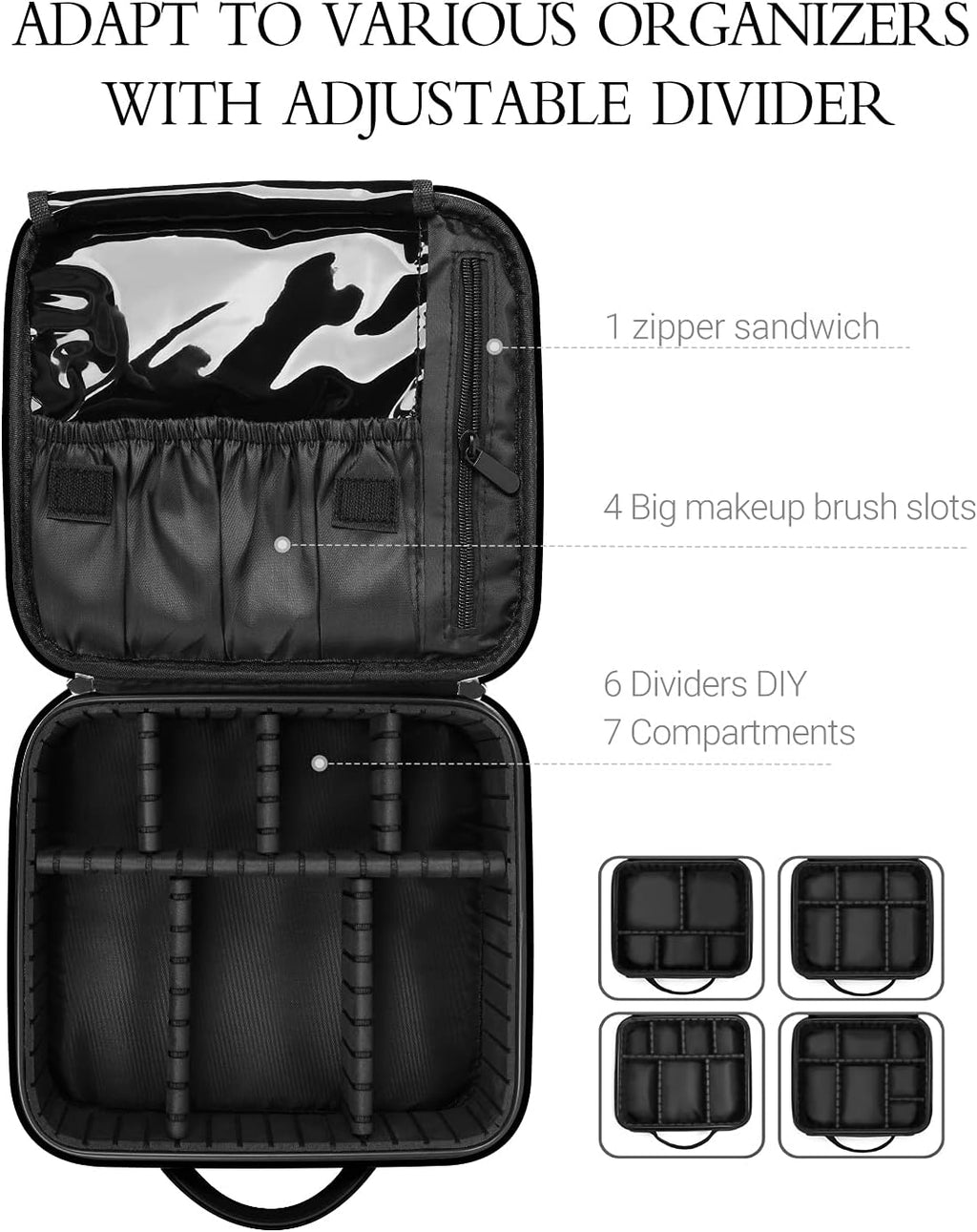 Leather Travel Makeup Train Case, Waterproof Makeup Bag Cosmetic Case Organizer, Large Cosmetic Makeup Case with Adjustable Dividers for Women Cosmetics Brushes Toiletry Jewelry Etc. (Black)