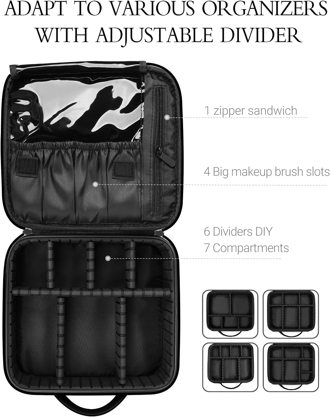 Leather Travel Makeup Train Case, Waterproof Makeup Bag Cosmetic Case Organizer, Large Cosmetic Makeup Case with Adjustable Dividers for Women Cosmetics Brushes Toiletry Jewelry Etc. (Black)