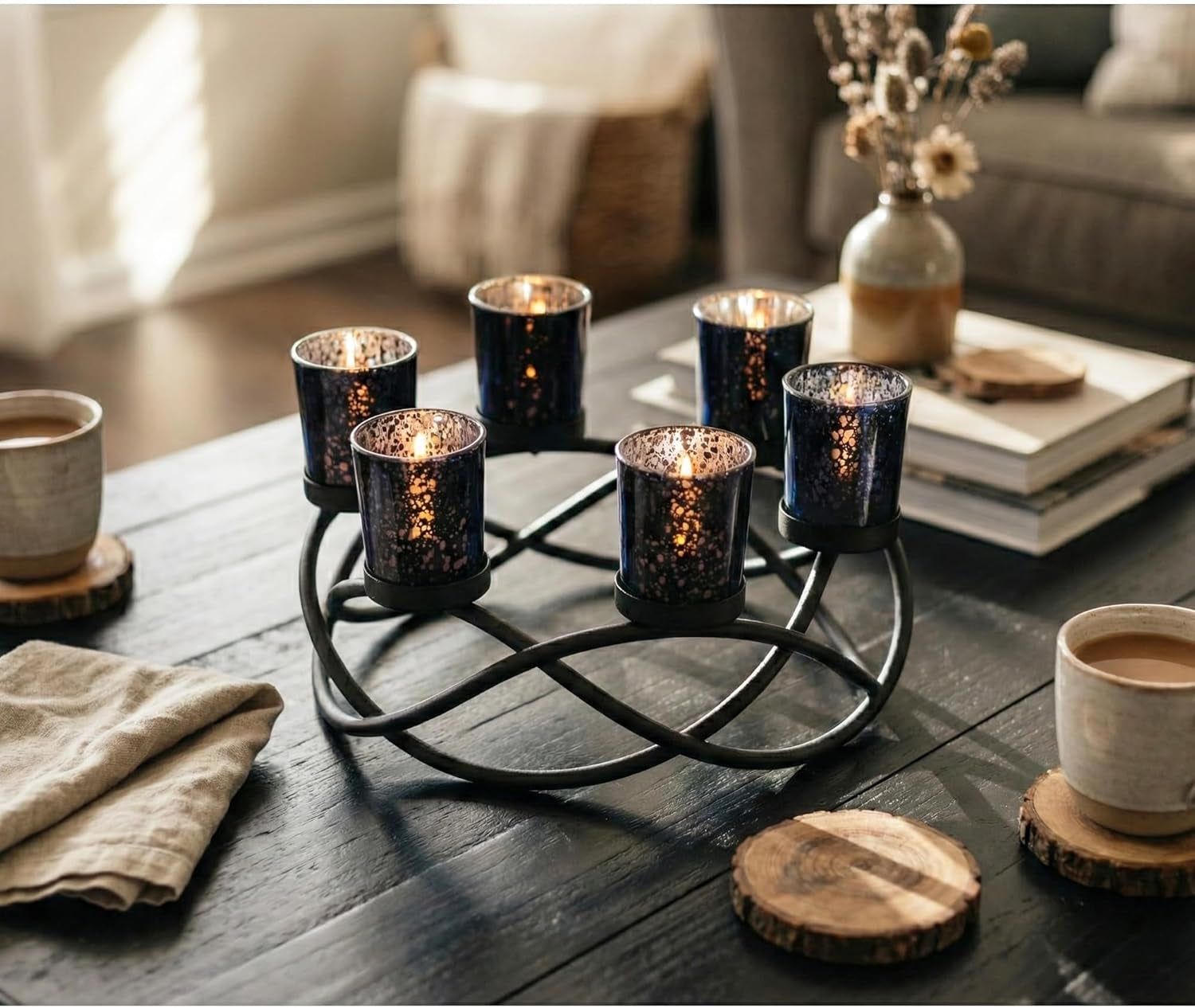 Centerpieces for Halloween Table Decorations - round Candle Holders for Outdoor Patio, Dining, Kitchen, Coffee & Wedding Table Decor, Black Iron Candelabra, 6 Black Glass Votive Tealight Cups