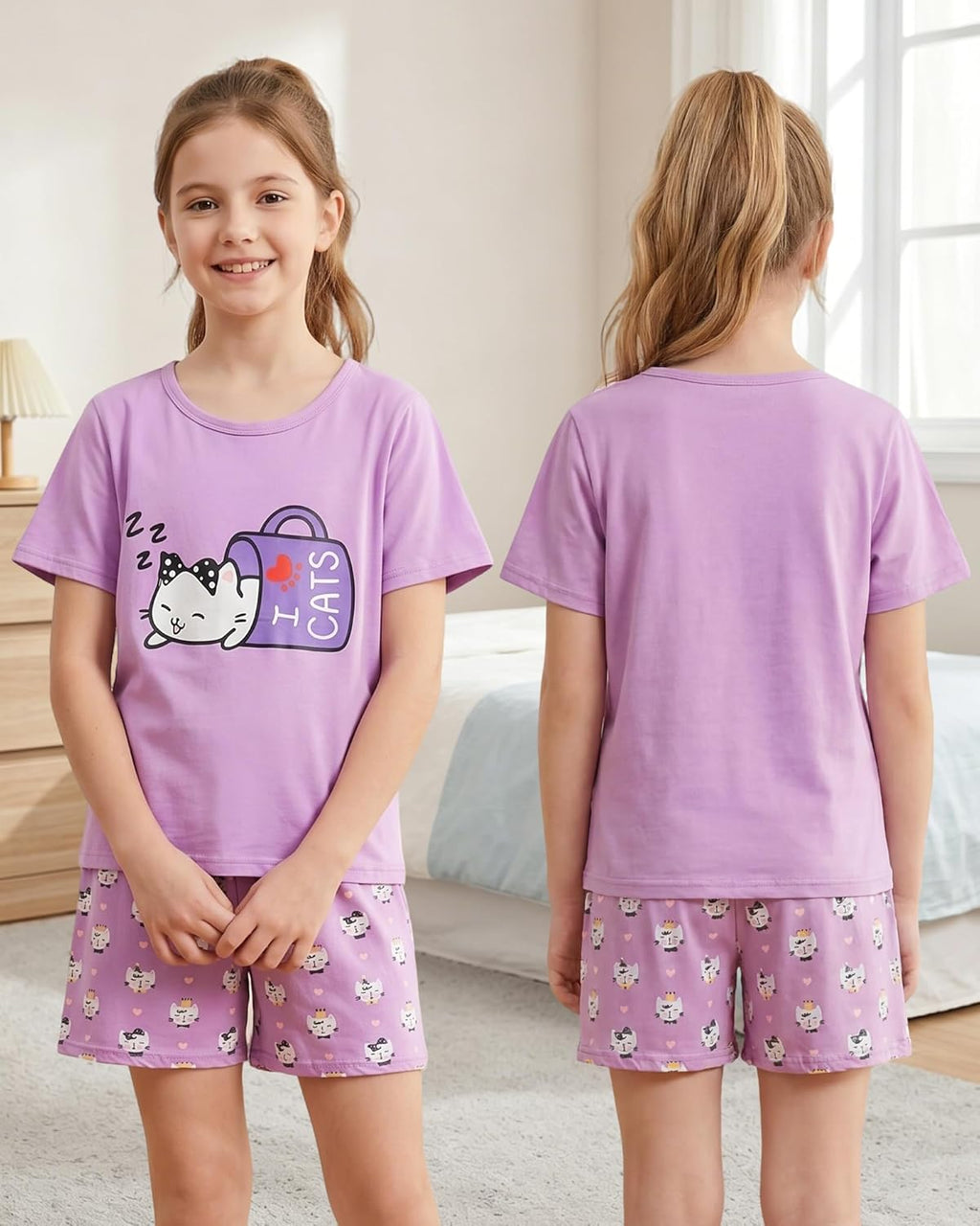 Young Girls Pajama Cute Cat Pattern Nighty Comfy Shorts Cotton Sleepwear