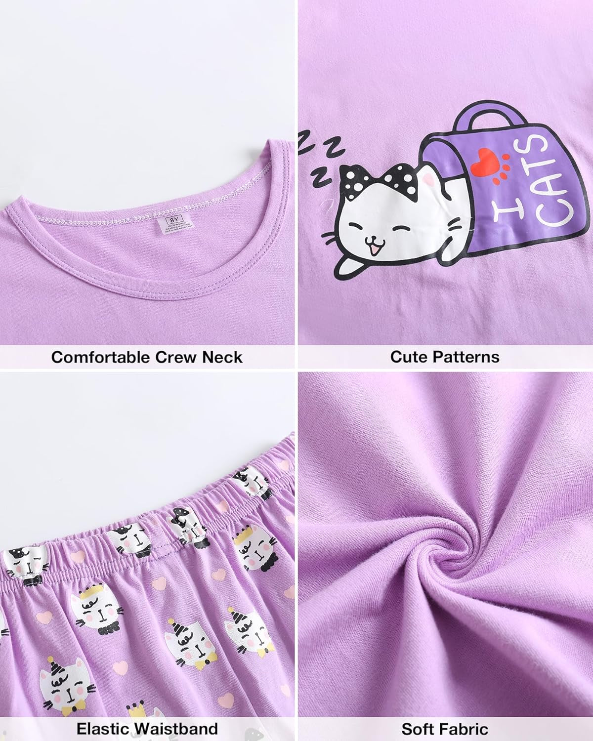 Young Girls Pajama Cute Cat Pattern Nighty Comfy Shorts Cotton Sleepwear